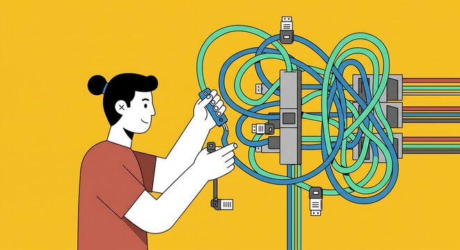 Technician Untangling Complex Network Cables & Wires: IT Support & Problem Solving