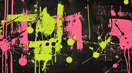 Abstract art with pink and lime green splatters and brushstrokes on black