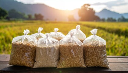 Harvested grains in transparent plastic bags displayed on a wooden surface with a stunning backdrop of a rice field and a bright sunset.