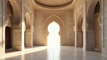 Obraz premium Sunlit Interior with Ornate Arches and Intricate Stone Carvings Leading to a Bright Opening