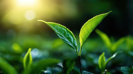 Obraz premium Vibrant green tea leaves emerge from the ground, illuminated by warm sunlight. The setting is a serene plantation in the early morning, encouraging growth and vitality
