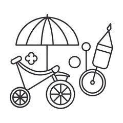 Minimalist Black and White Line Art of Umbrella, Bicycle, and Unicycle © rratry