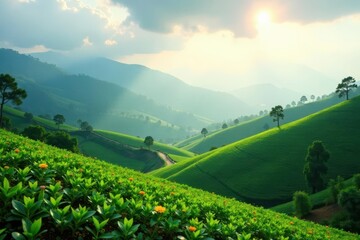 Obraz premium Serene Panorama of Rolling Green Hills and Blossoming Meadows Under a Sunlit Sky