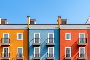 Fototapeta premium Vibrant apartment facade displaying colorful architecture in urban environment with clear blue sky