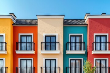 Fototapeta premium Colorful apartment facades urban setting real estate bright environment ground level view architectural design