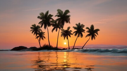 Obraz premium Beautiful sunset over a tropical island with palm trees. The sky is a mix of orange and pink hues, creating a warm and serene atmosphere. The palm trees are tall and lush