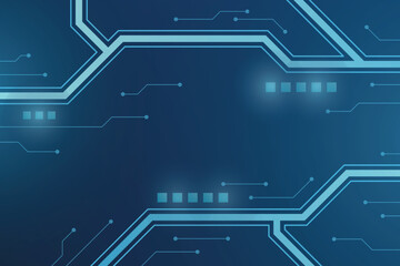 Abstract AI circuit board background. Technology connected blue lines with electronics elements on tech backdrop. Internet network connection, transfer data communication, cyber nano information.