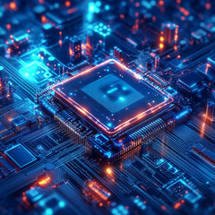 Fototapeta premium Abstract technology background of a quantum computing system with processor and electronic circuit. Artificial neurons, global data connections - Generative ...