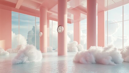 Pastel pink interior with floating clouds and large windows.  Soft light bathes the space