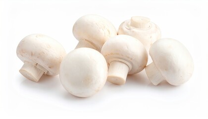 Close-up view of fresh button mushrooms on a white background.