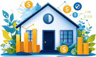Cartoon house illustration with financial data overlay, surrounded by foliage and coin stacks on a white background