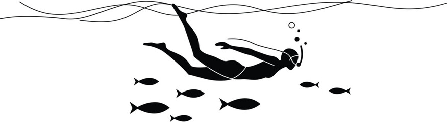 Underwater Swimmer with Fish - Minimalist Vector