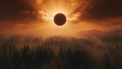 Obraz premium Total Solar Eclipse Over Misty Forest