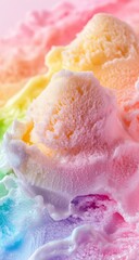 Close-up of colorful ice cream scoops, pastel hues, swirled textures