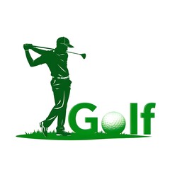 Golf Player Silhouette with Swing Motion and Text Elements on White Background