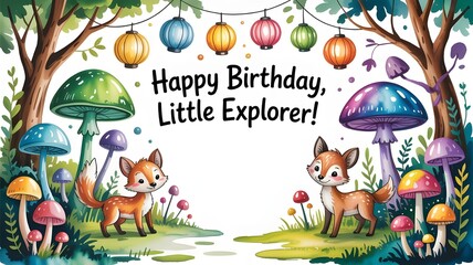 Whimsical birthday card featuring cute foxes in a magical forest with colorful mushrooms and hanging lanterns. Perfect for kids' parties, invitations, or festive designs.