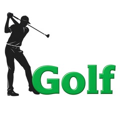Golf Player Silhouette with Swing Motion and Text Elements on White Background