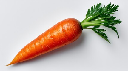 Carrot is shown with its green top still attached. The carrot is large and has a bright orange color