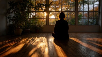 Fototapeta premium Silhouette of a person meditating in a sunlit room during autumn