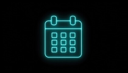 Bright turquoise neon calendar icon on a dark background.