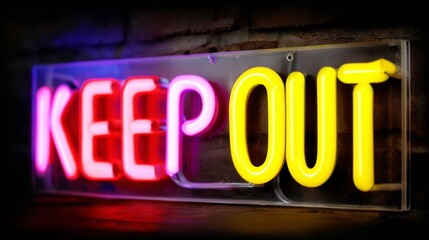 Obraz premium Neon sign that says Keep Out. The sign is bright and colorful, with red and yellow letters. The sign is placed on a brick wall, and it seems to be a warning or a message to keep out