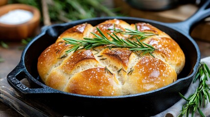 A pan of bread with herbs on top