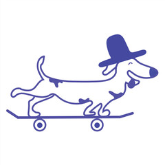 Vector Illustration: Dachshund with Hat on Skateboard - Cartoon Style