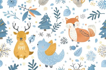 Winter Wonderland Animals: Reindeer, Fox, and Bird in Festive Forest Scene with Snowflakes and Trees. Delightful Holiday Pattern Featuring Cute Creatures and Nature Elements for a Cozy Winter Feeling.