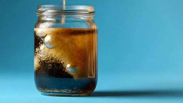 Jar with dark liquid and bubbles on a blue backdrop illustrates density and mixture concepts in a scientific experiment.