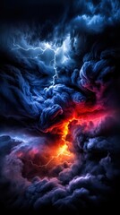 Fototapeta premium A stormy sky with a bright orange lightning bolt