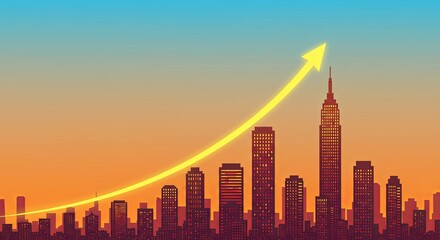 A city skyline with a yellow arrow pointing upwards