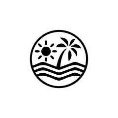 Palm tree, wave, and sun silhouette logo design
