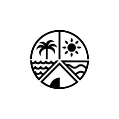 Palm tree, wave, and sun silhouette logo design