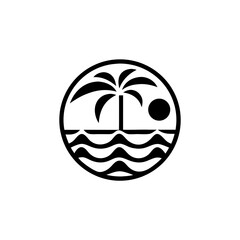 Palm tree, wave, and sun silhouette logo design