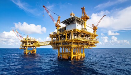 Offshore oil rig structure on a sunny day.