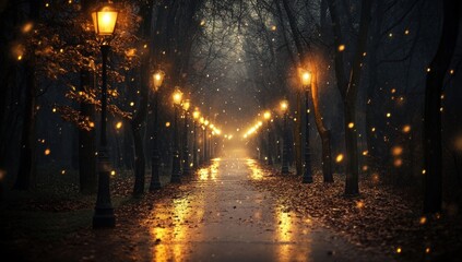 Fototapeta premium illuminated pathway through shadowy trees a cascade of ethereal bokeh adds to the dreamy ambience