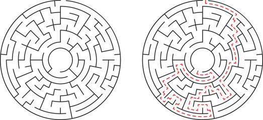 Obraz premium Two circular mazes one with solution path clearly marked in red dashed lines