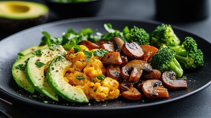 A plate of food with mushrooms, broccoli, and avocado