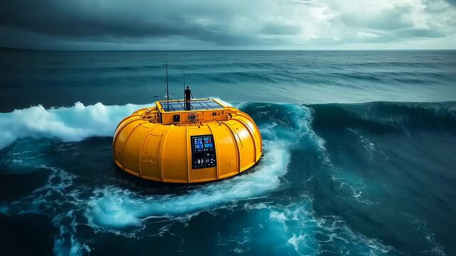 Yellow buoy amidst swirling stormy ocean waves