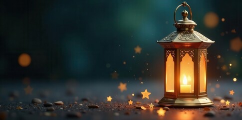 Naklejka premium Elegant golden lantern, glittering stars, blurred background, islamic, light, shine