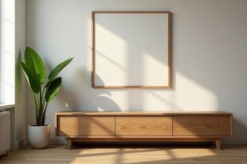 Fototapeta premium Wooden shelf with framed artwork, warm living room setting, wood, display