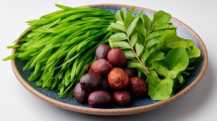 Blue plate with a variety of fruits and vegetables, including green beans, olives, and a leafy green