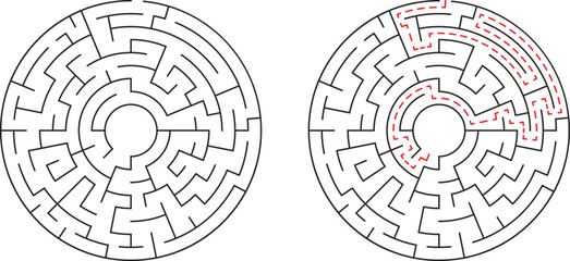 Circular maze illustration depicting complexity problem solving and solution finding journey
