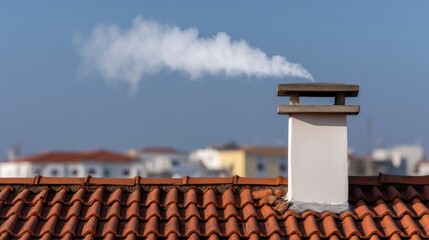 Naklejka premium Chimney is emitting smoke into the sky. The smoke is white and billowing, creating a sense of movement and energy. The chimney is located on a red roof, which adds a warm