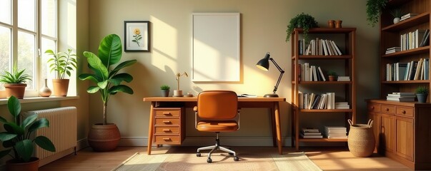 Retro art workshop interior Wooden bureau, chair, plants, books, photos Beige walls , books, art, decor