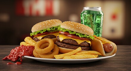 A plate of food with two hamburgers, two hot dogs, and two orders of fries