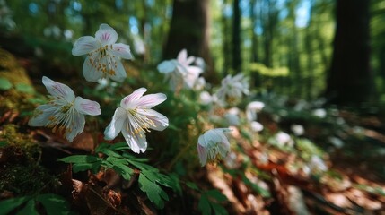 White flowers blooming on forest floor with sunlight through trees