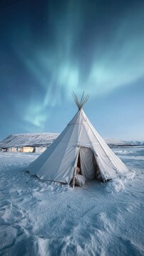 A traditional Sami reindeer herder's lavvu tent under Northern Lights. Aurora borealis over arctic tent in snowy landscape