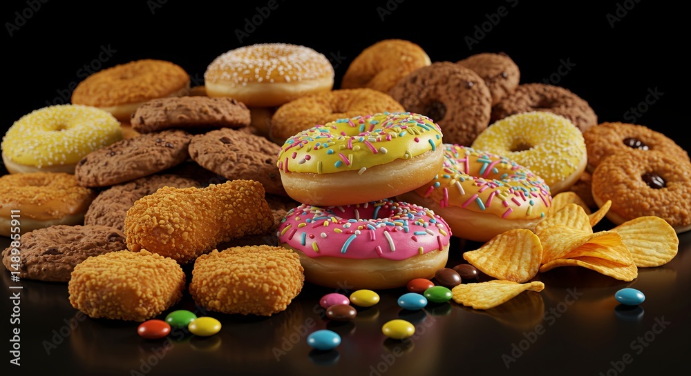 Poster A pile of donuts and other snacks on a table
