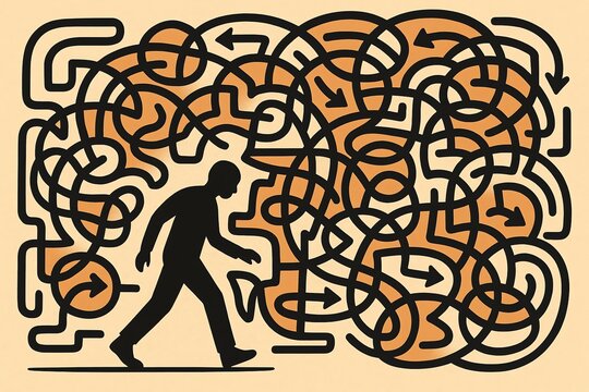 Silhouette of Man Navigating Abstract Maze Representing Complex Journeys and Decisions